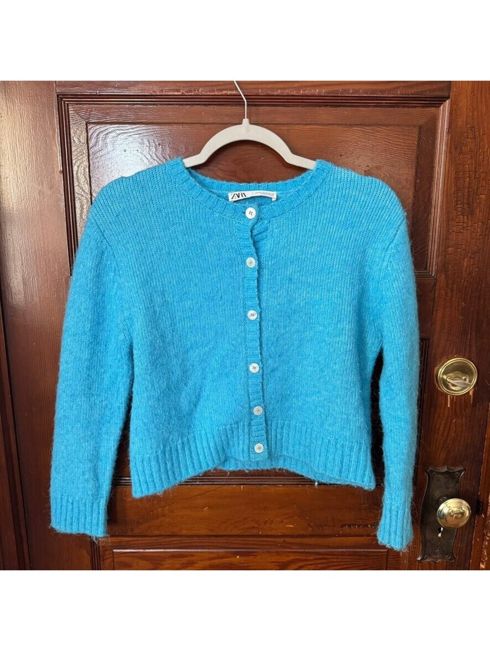 Zara Blue Cropped Knit Button Up Cardigan Size Medium
